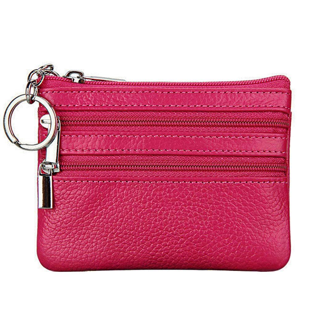 Women's Genuine Leather Coin Purse Mini Pouch Change Wallet with Keychain NEW Three Zipper Fashion Multicolor