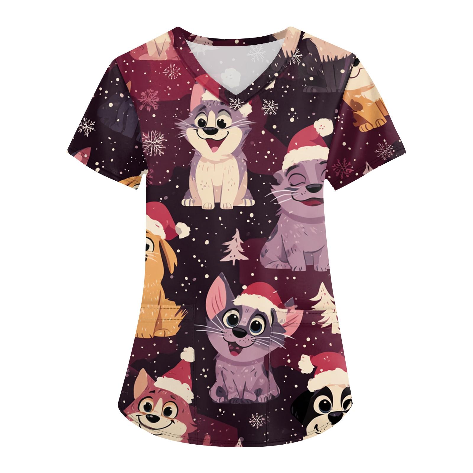 

Женская мода с v-образным вырезом, короткими рукавами и карманами, топы с рождественским принтом L