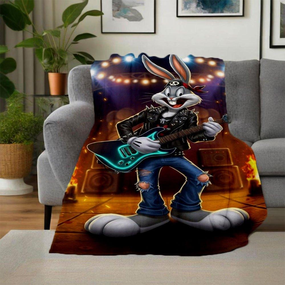 "Rock Star Bugs Bunny Guitar Art Print"Blanket Flannel Throw Blanket for Sofa, Bed, Travel, Camping, Office