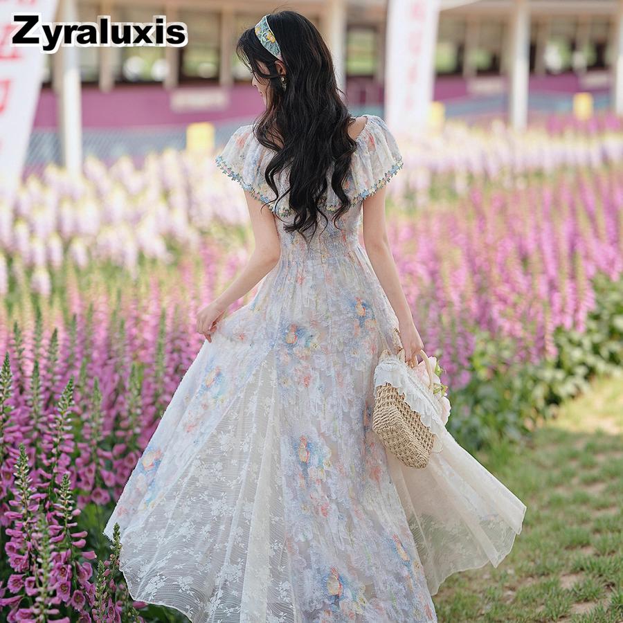 French Fairy Lace Mesh Halter Dress Vacation Maxi Skirt Floral Sundress