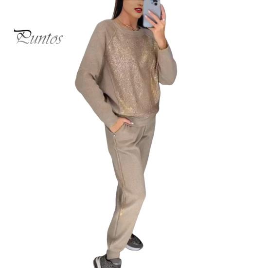 

2 шт./комплект женский топ брюки костюм со стразами декор О-образный вырез длинные рукава пэчворк спортивный свитшот эластичный пояс брюки фитнес-наряд осень весна XXL абрикосовый