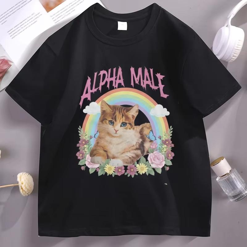 Alpha-Männchen Lustiges Kätzchen T-Shirt Regenbogen Unisex Damen Baumwolle Kurzarm T-Shirt Kleidung Lässig Atmungsaktiv Rundhals Herrenkleidung