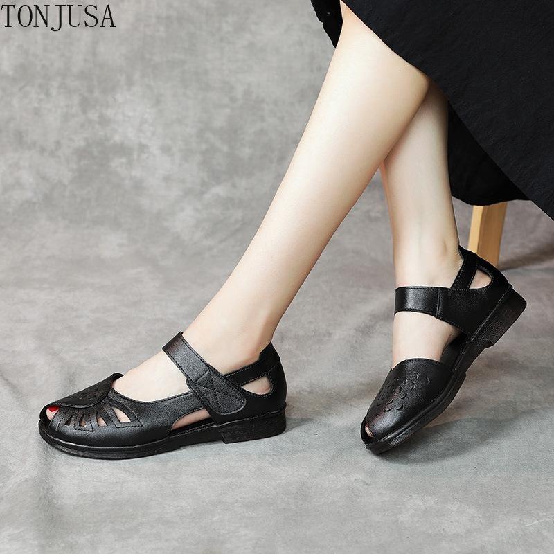 Középkorú Nők Divat Alkalmi Nyári Őszi Lapos Valódi Bőr Kerek Orrú Kivágott Szandál