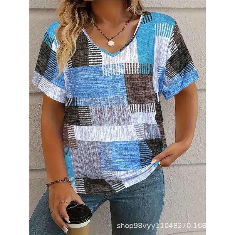 Women V Neck Geometric Patchwork Print Short Sleeve Casual Loose Summer T Shirt Tops