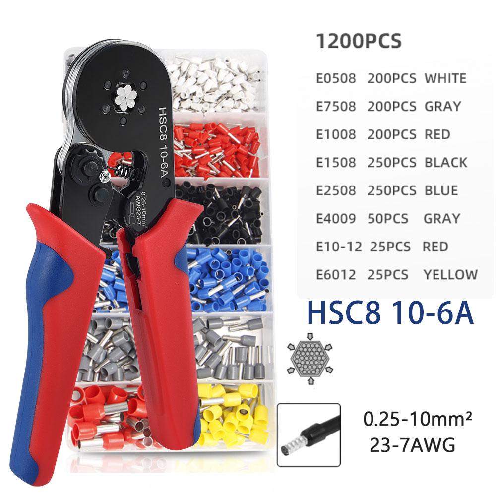 Tube Terminal Crimping Tool Set,Quadrilateral/Hexagonal Crimping Pliers Range 0.25-10mm²/AWG23-7 Quick Crimp Terminal Tool
