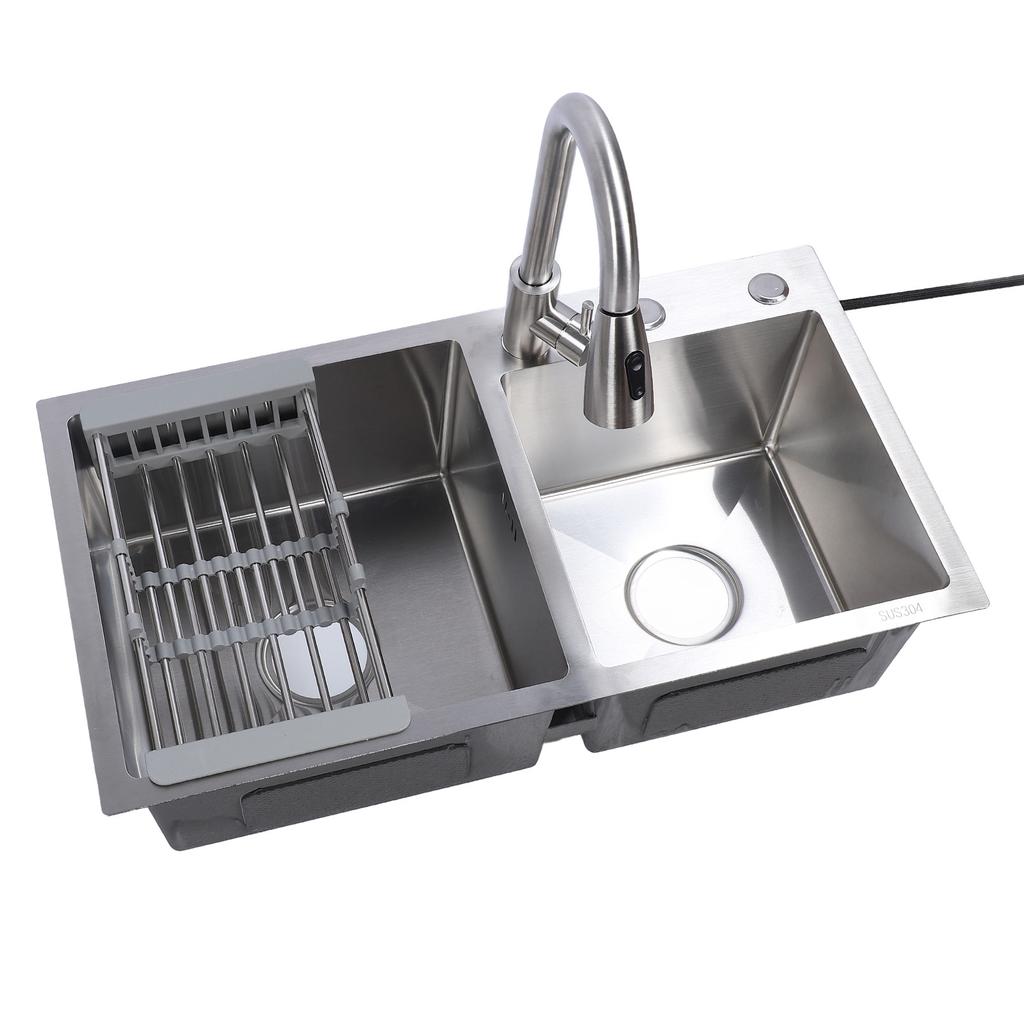 Drop in Kitchen Sink Kit 304 Stainless Steel Pull Out Faucet 3 Hole Double Bowl Sink with Drain