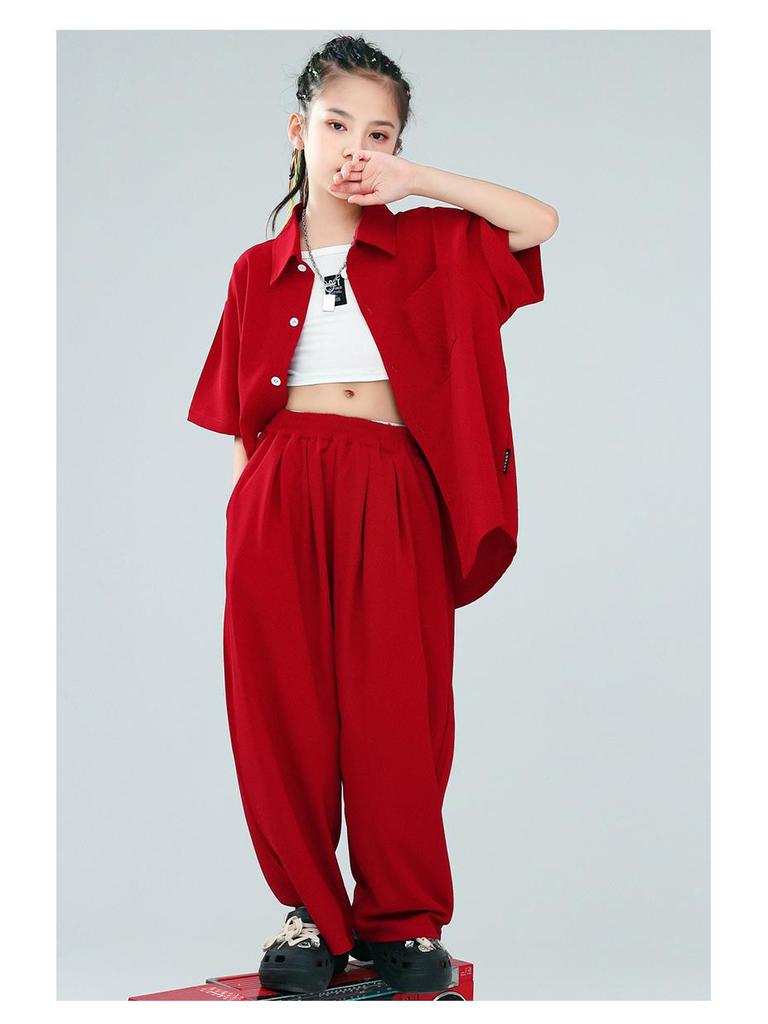 Children's Trendy Street Dance Outfit - Loose Pants and Shirt Set for Boys and Girls Jazz Performance.