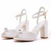 Women Heeled Sandals Summer Buckle Strap PU 9CM  Square Heel Simple White Pearl Bridal Dress Wedding Dress Shoes Women Shoes