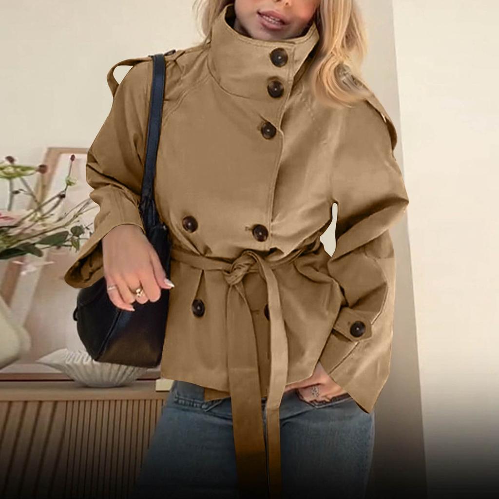Women's Fashion Stand Collar Double-Breasted Waist-Defining Belted Short Trench Coat