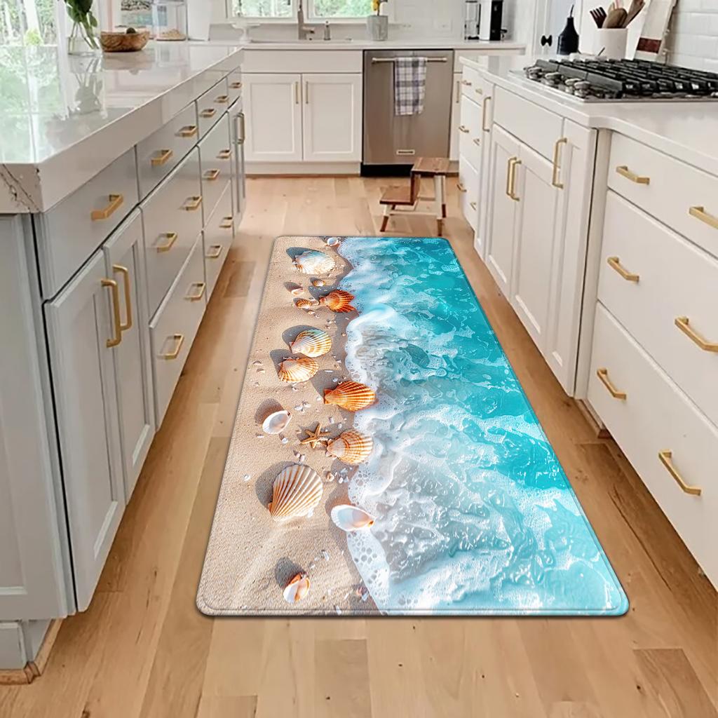 Wave Shell Printed Long Carpet Nordic Style Long Anti Slip Carpet Ocean Elements Living Room Dining Room Rug