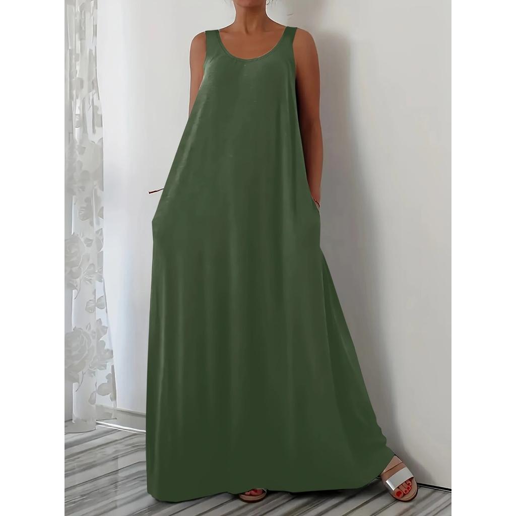Abito Casual Estivo Monocolore Taglie Forti Senza Maniche con Tasche Laterali, Abito da Donna Crossbody Stile Europeo Americano