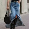 Sommer Pendler Hoher Bund Schlitz Blauer Denimrock Langer Rock Retro Hüftrock
