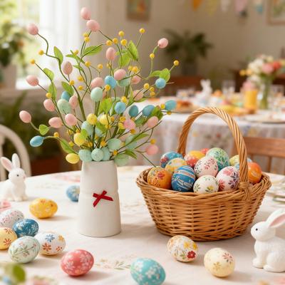 Artificial Easter Stem Fake Twig Branch with Pastel Eggs Green Leaves Spring Floral Picks for Floral Arrangement Farmhouse Table Centerpiece