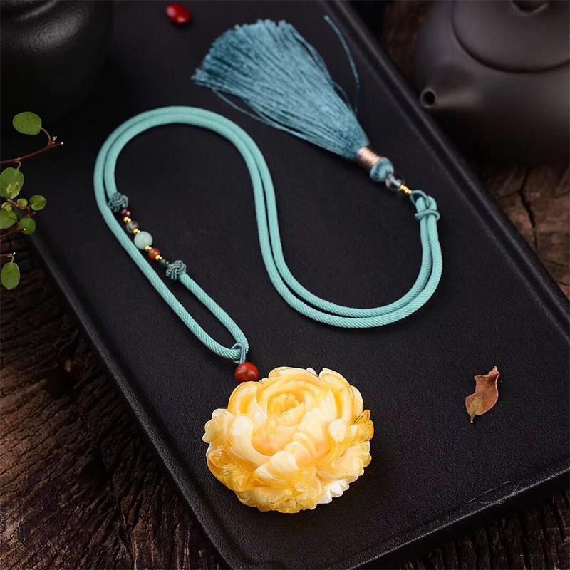 Women's White Flower Amber Pendant: Second Gen Peony, Rose & Beeswax Design In Yellow