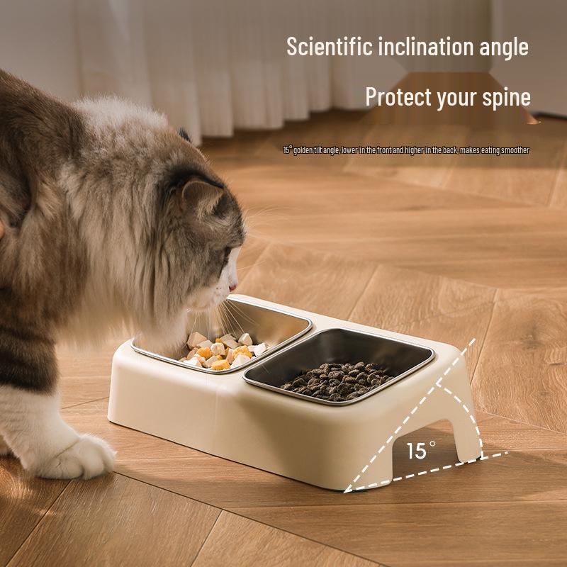 Slanted Double Cat Bowl - Anti-tip, Stainless Steel, Detachable, Washable, Anti-black Chin Cat Food and Water Bowl.
