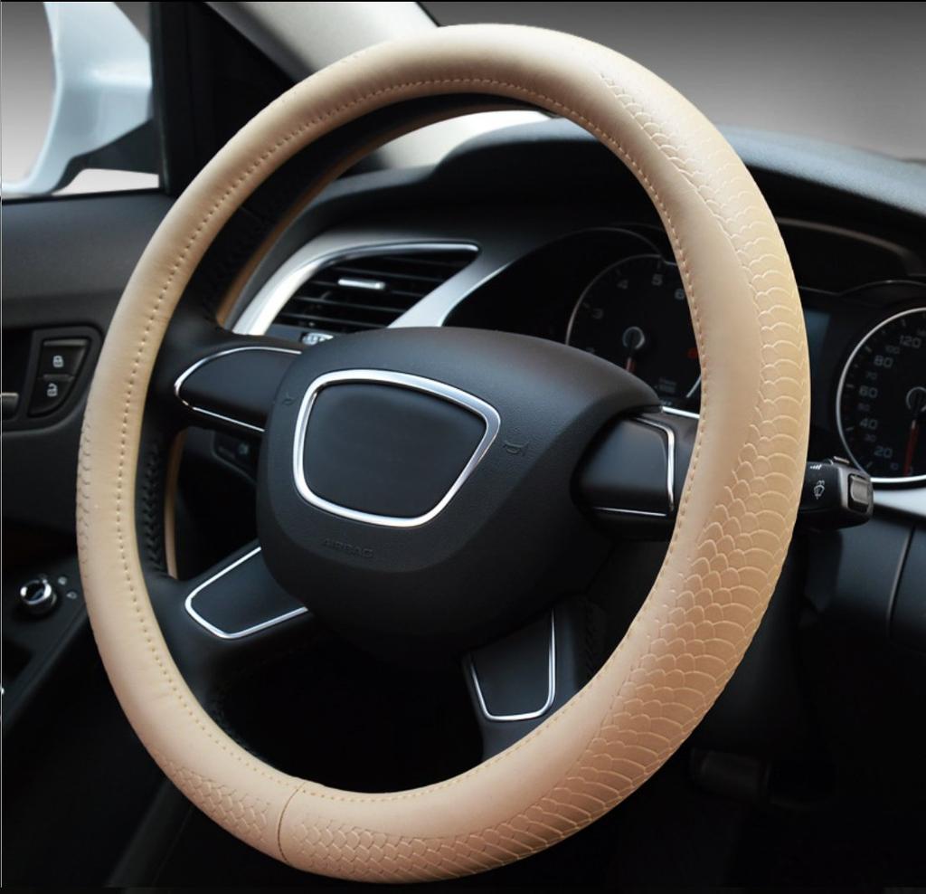 ontto Steering Wheel Fits All Medium Premium Genuine Leather Cover, Comfortable, Non-Slip, Breathable, Seasons, Size, Stylish,