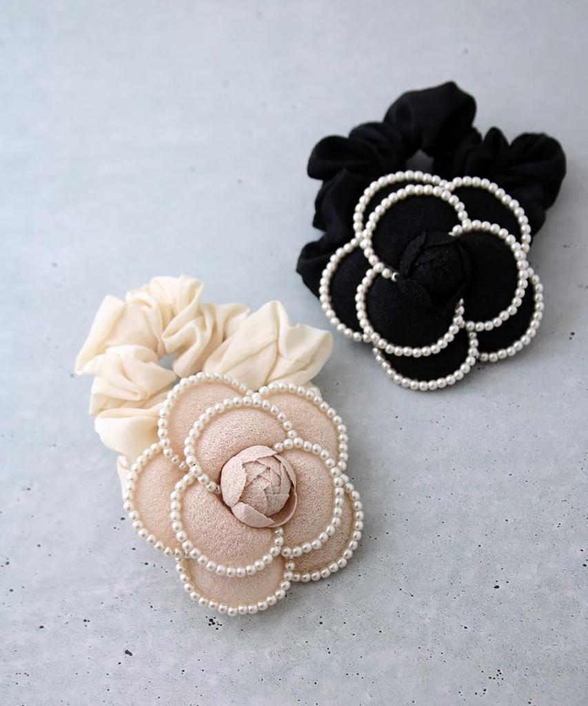 VINGTAINE Camellia and Pearl Elegant and Cute for Perfect for and Kindergarten Entrance Ceremonies Scrunchie, Adults, Weddings, Graduations,