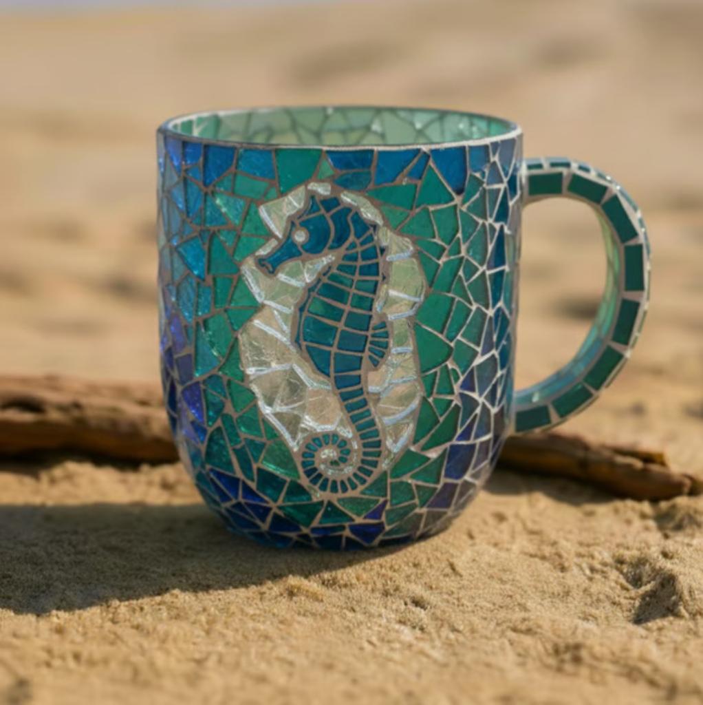 Mug Series, 12 Oz Blue Hand-blown Cracked Coffee Mug With Bubble Texture.
