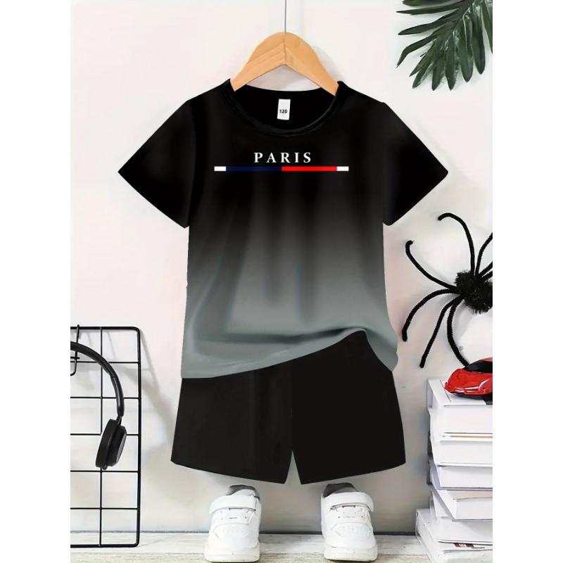 

Boys Casual Polyester Crew Neck T-Shirt and Shorts Set, Knitted Fabric, Regular Version, with Paris Print 100