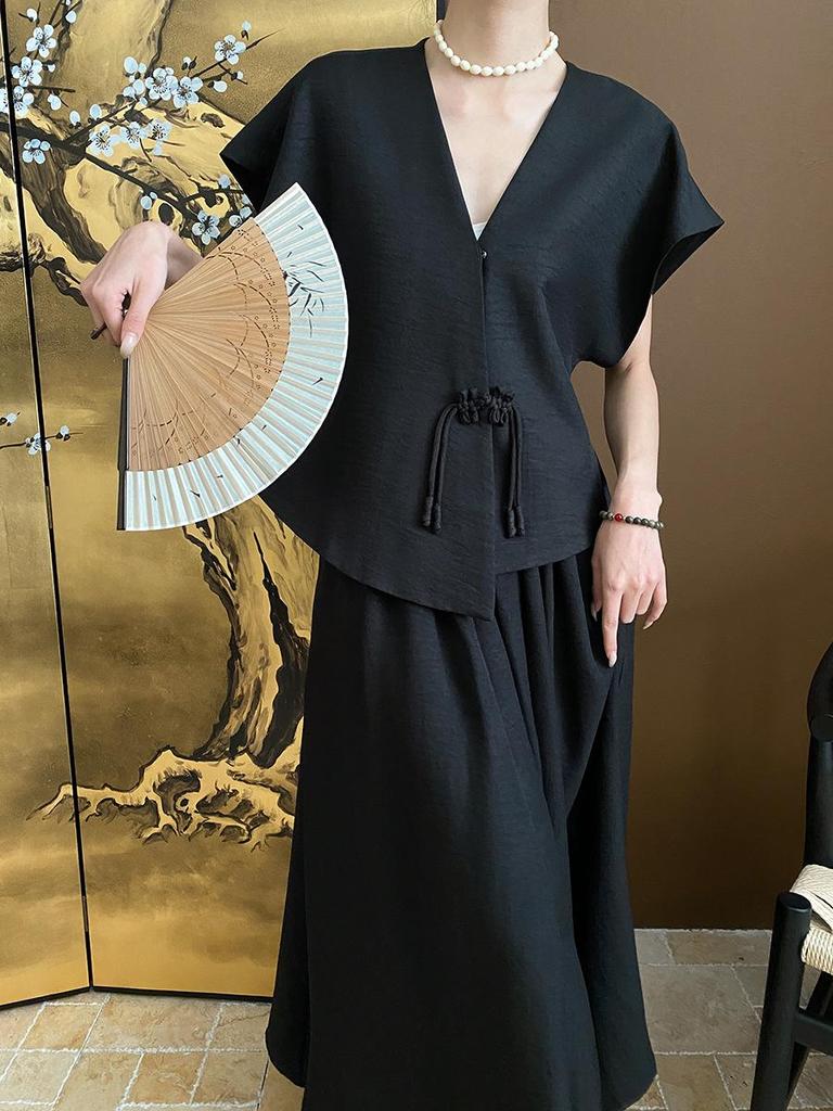 Sinan Tencel Vertical Cut Texture Top & Skirt Set SN5633 - Modern Chinese Style