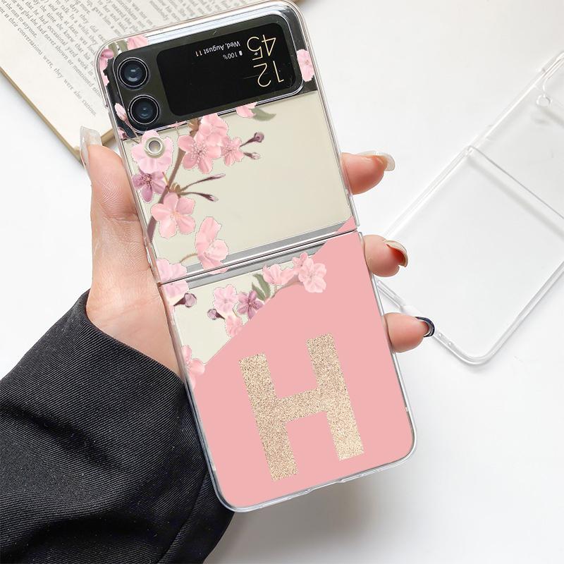 Golden Letter Flower Fashion Phone Case For Samsung Galaxy Z Flip 3 4 5 6 7 Hard Folding Z Flip4 Clear PC Cover Protector Gift