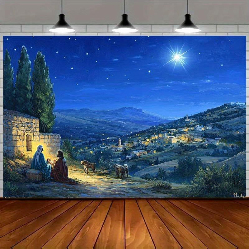 1 Weihnachtshimmelhintergrundstoff mit Sternen, dem Weisen Mann und dem Berg Bethlehem - langlebige Polyester-Feiertagsdekoration