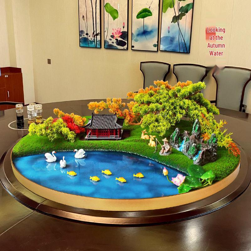 Large Hotel Dining Table Bonsai Centerpiece: Turntable Floral Art Resin Ornament.