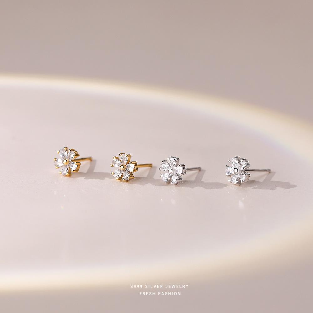S999 Sterling Silver Mini Petal Set Zircon Stud Earrings for Women Small Cute Ear Jewelry Wholesale