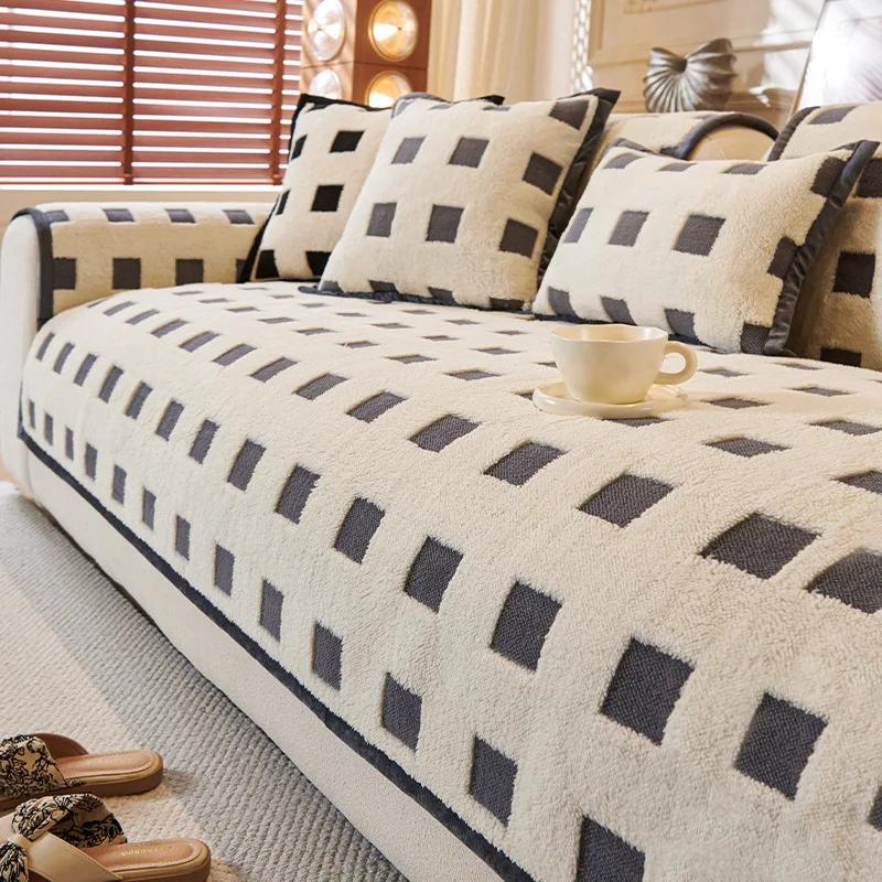 New Light Luxury Plush Sofa Cover Thickened Anti Slip Sofa Cushion Winter Black White Checkered Sofa Cover Backrest Towel