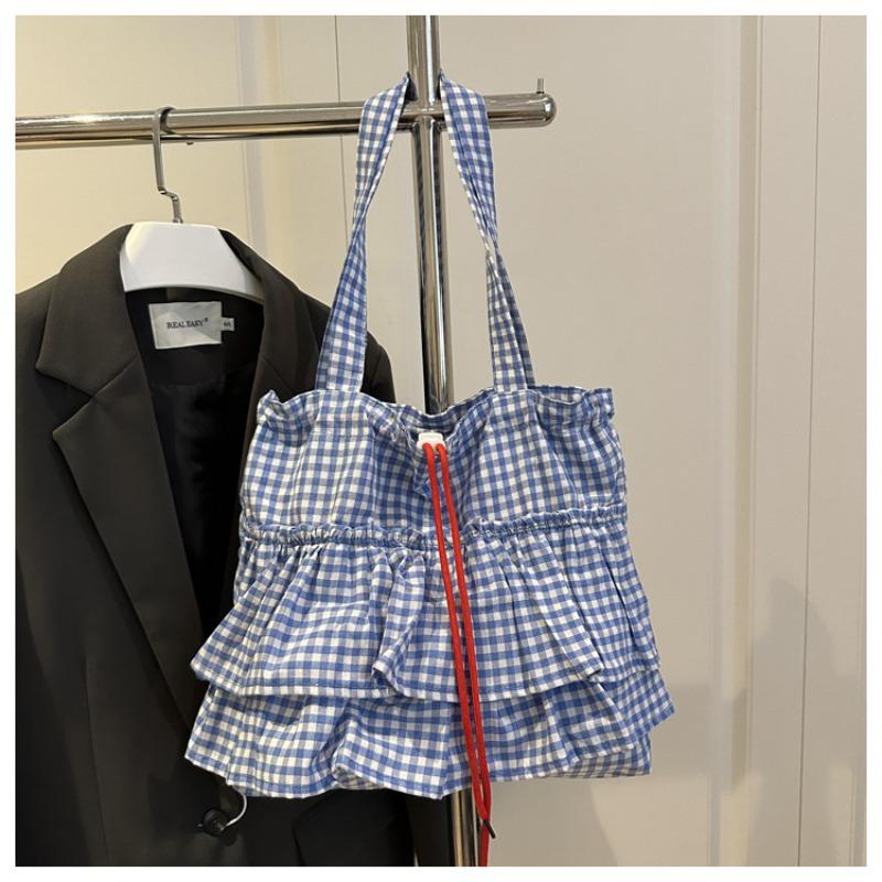 Women's Plaid Large Capacity Shoulder Bag Versatile Drawstring Simple Tote Bags Splicing Commuting Shopping Casual Underarm Bag