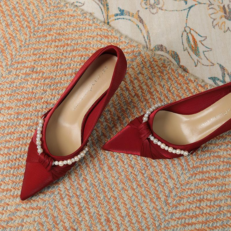 

Kink Pearl Xiuhe Wedding Shoes Women s Bridal Shoes Satin Sheepskin Temperament High Heel Pointed Thin Heel Single Shoes 39 бордовий