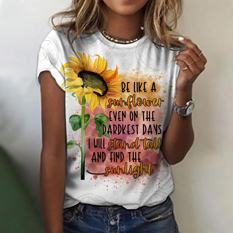 Vară Seria Floarea-soarelui Imprimată Digital 3D Pulover cu Gât Rotund pentru Femei Tricouri Casual Largi pentru Femei