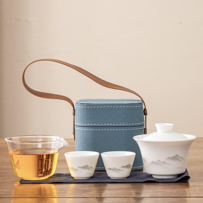White Porcelain Blue And White Cover Bowl Outdoor Travel Kung Fu Tea Set Ceramic Cover Bowl Express Cup One Pot Two Cups Portable Bag
