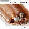 4/6pcs Set of Placemats Featuring Coffee Cup, Coffee Pot, Coffee Beans, Cinnamon Stick, and Brownie Patterns. Washable and Easy-to-clean Table Mats wi