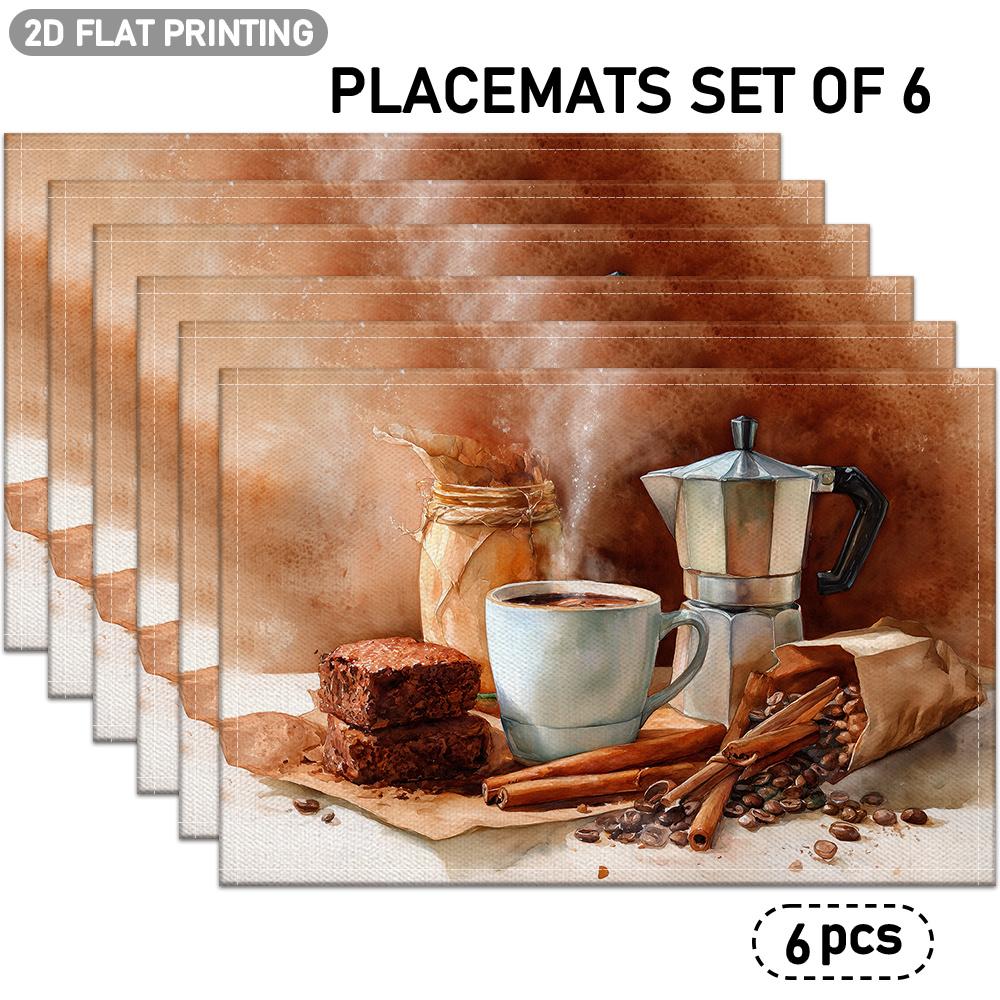 4/6pcs Set of Placemats Featuring Coffee Cup, Coffee Pot, Coffee Beans, Cinnamon Stick, and Brownie Patterns. Washable and Easy-to-clean Table Mats wi