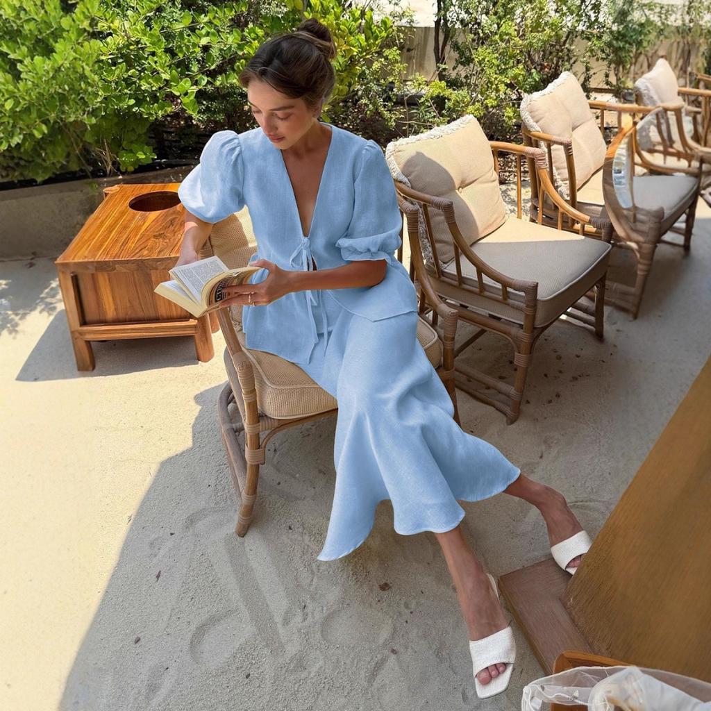 Summer New V-neck Short Sleeve Ruffled Trim Long Midi Skirt Two Piece Set Outfit Women's Casual European American Style