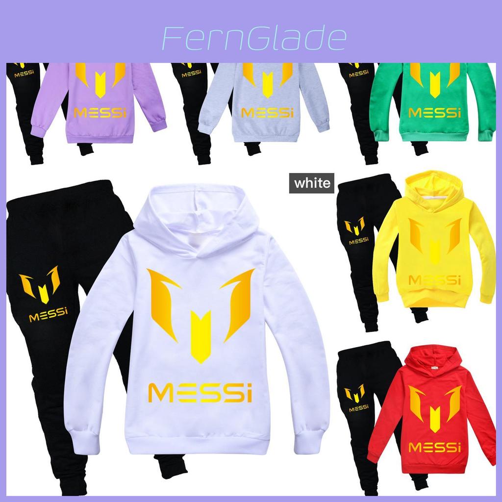 Messi Letter Print Cartoon Kids Hoodie And Pants Set With Cotton Fabric