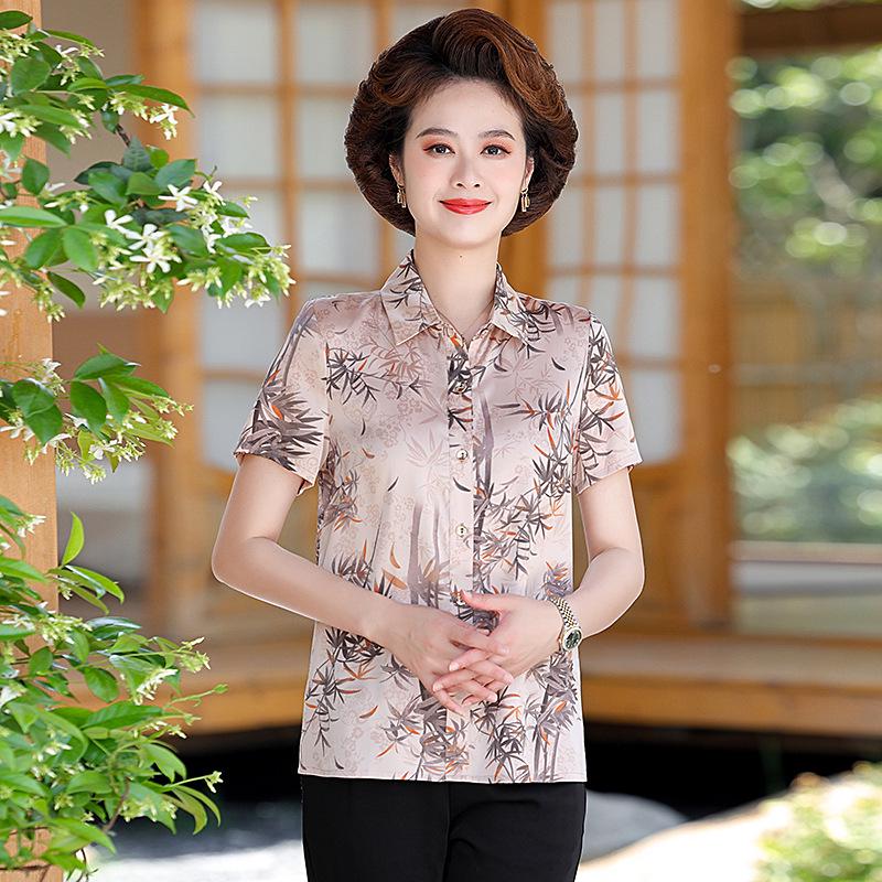 Women's Summer Mulberry Silk Printed Shirt - Chinese Style, Breathable, Short Sleeve for Mid-Aged Mother's Wear