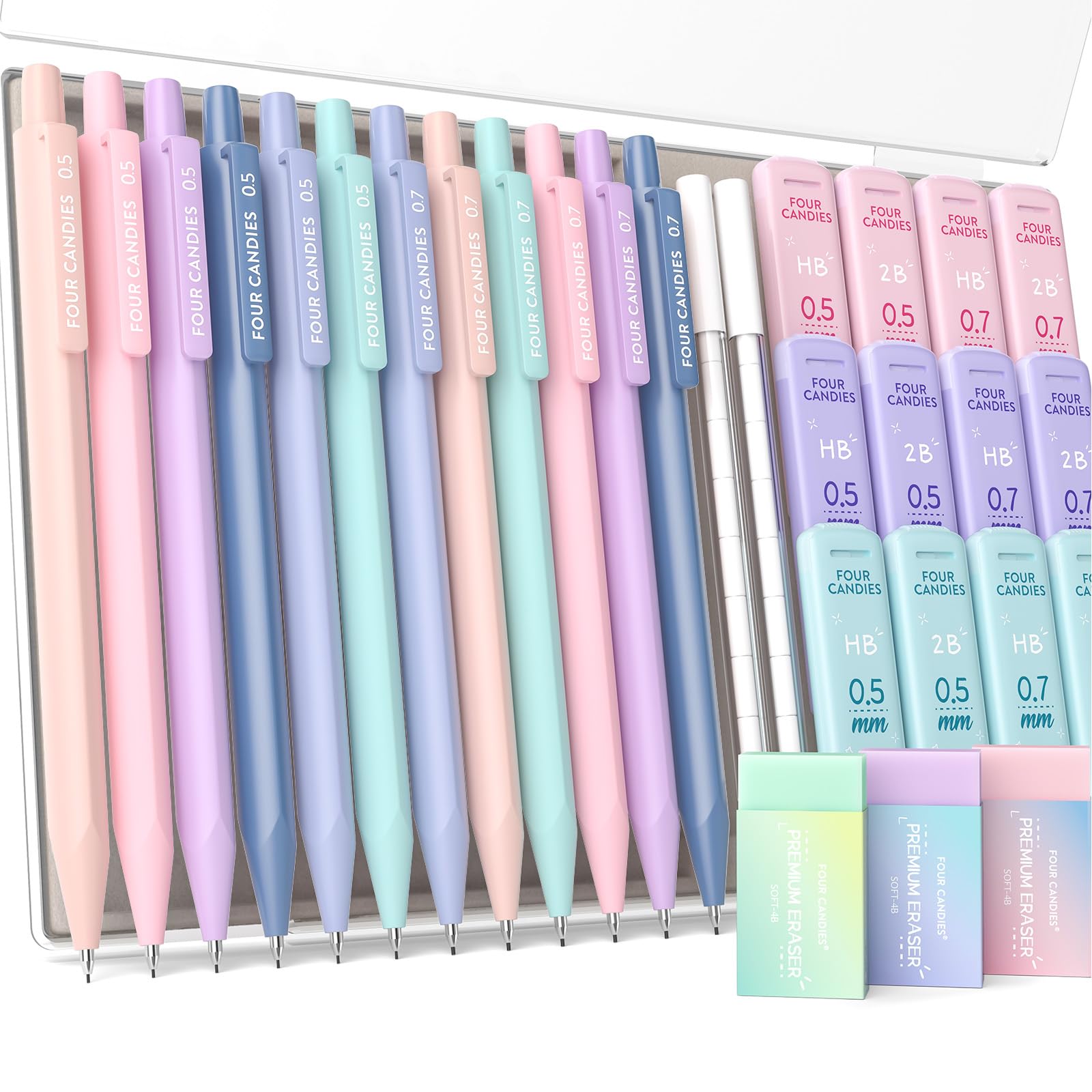 

Four Candies Mechanical Pencil Set HB 2B Cute Mechanical Pencils with 720 3 Pastel and 18 Eraser Aesthetic Pencils for Art and Drafting 12-Piece - 0.5