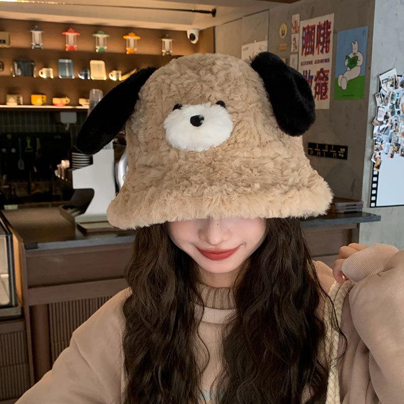 

Осень и зима уши щенка панама женская большой обхват головы плюшевая панама милое лицо маленькая теплая шапка One size хаки