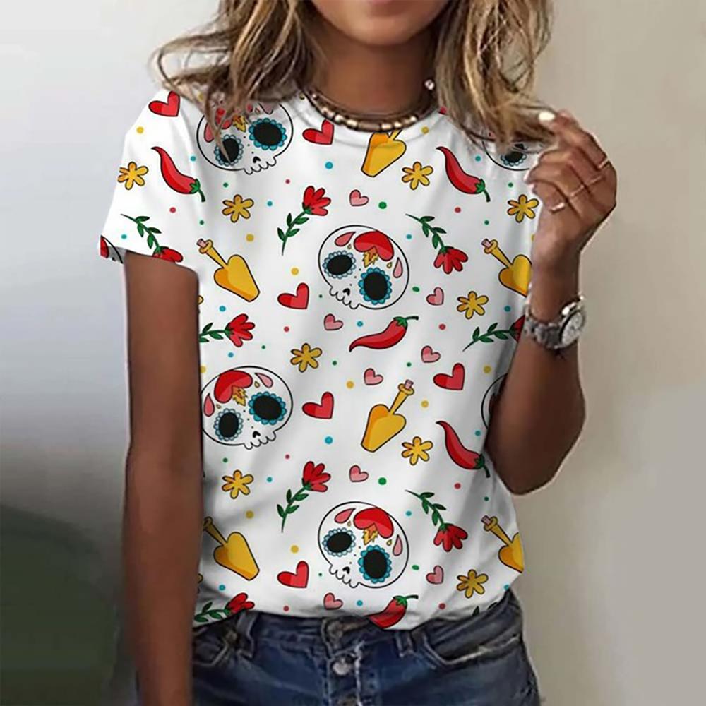 Funny Sugar Skull 3d Print Womens T Shirt Anime Cartoon Anime Mexico Summer Day of the Dead T-shirt For Men Women's Tops