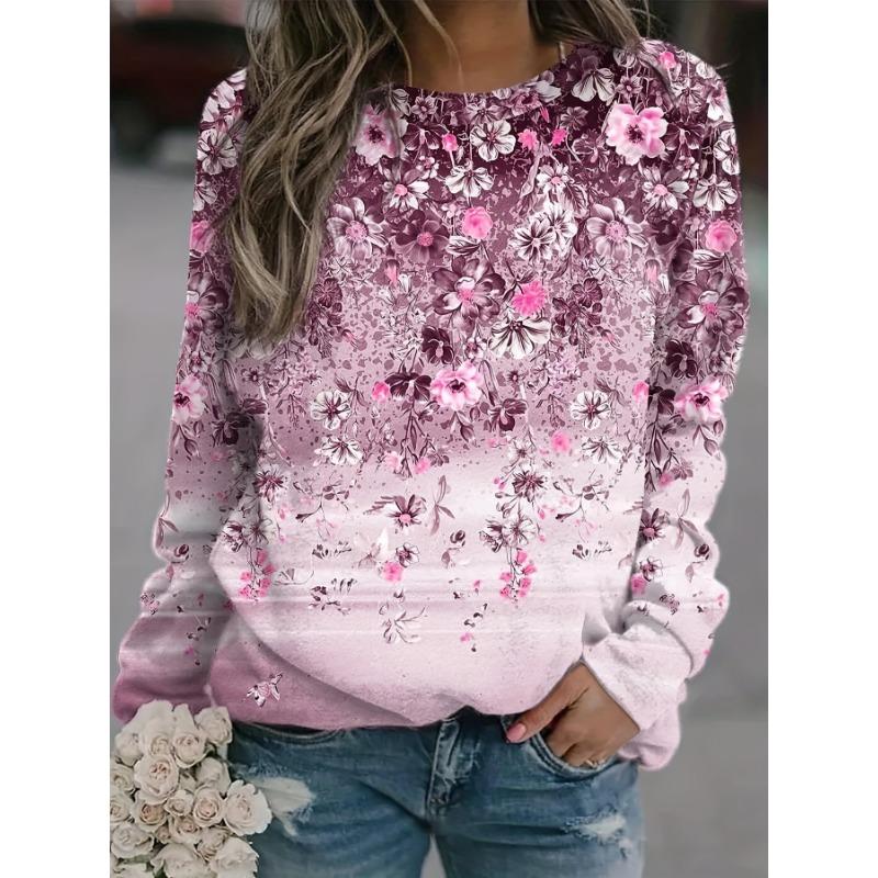 Fashionable women s geometric printed long sleeved O-neck casual top XS