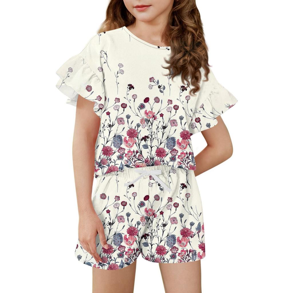 Girls' Summer Outfit Ruffle Sleeve Top And Shorts Clothing Set Lightweight Casual Two Piece