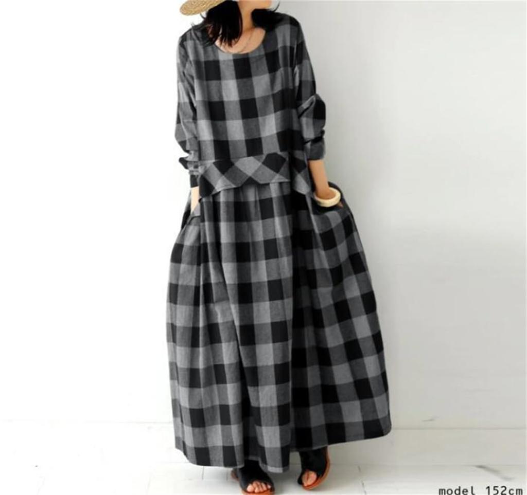 Maxi Checkered Long Loose Midi Long Maxi Winter One Size Fits [Mouhoukyo] Women's Dress, Pattern, Sleeves, Fit, Length, Length, Spring, Autumn, (Color