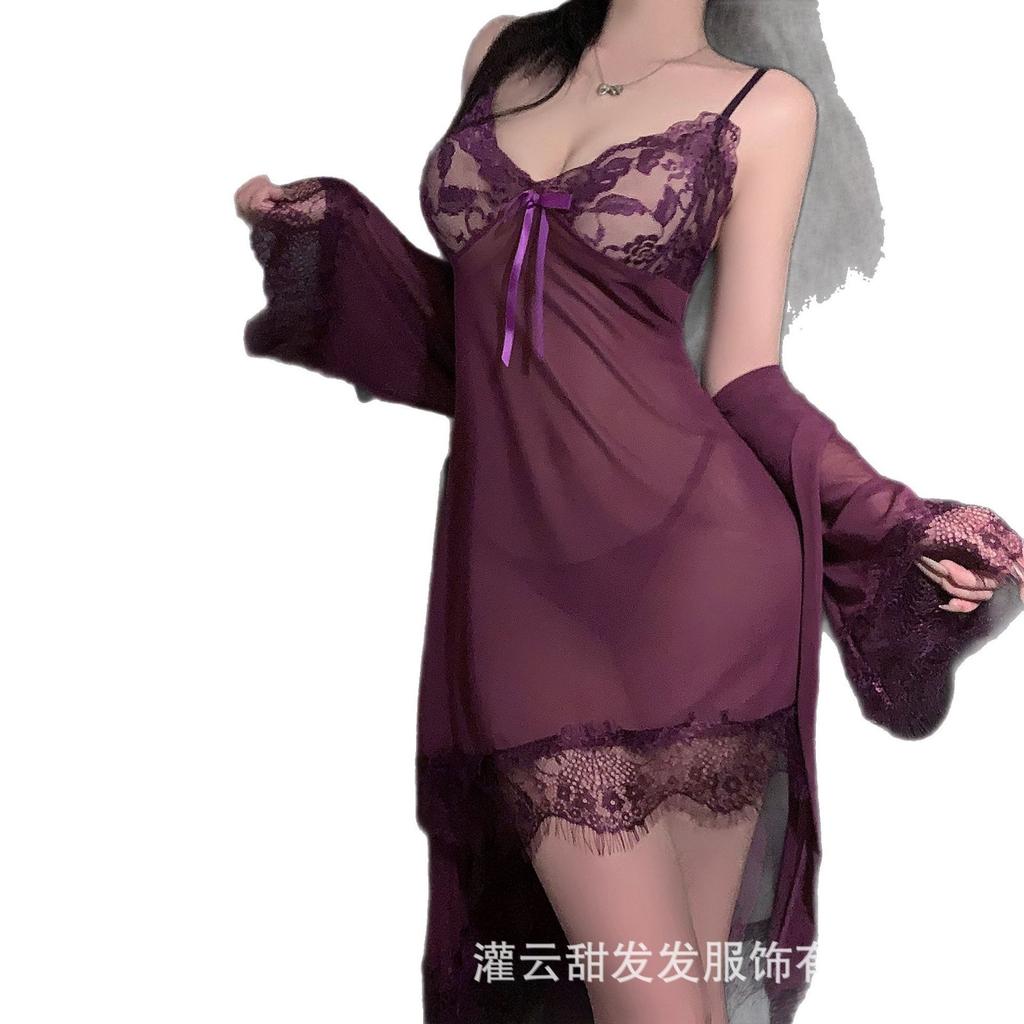 Mesh Sexy Lingerie Women's Lace Suspender Mesh Nightdress Temptation Dream Purple Bathrobe Sex Suspender Set