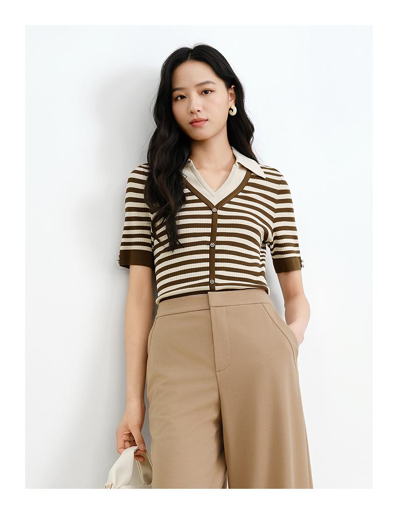 JUZUI fake two-piece V-neck striped knitted sweater summer new JWFX31206