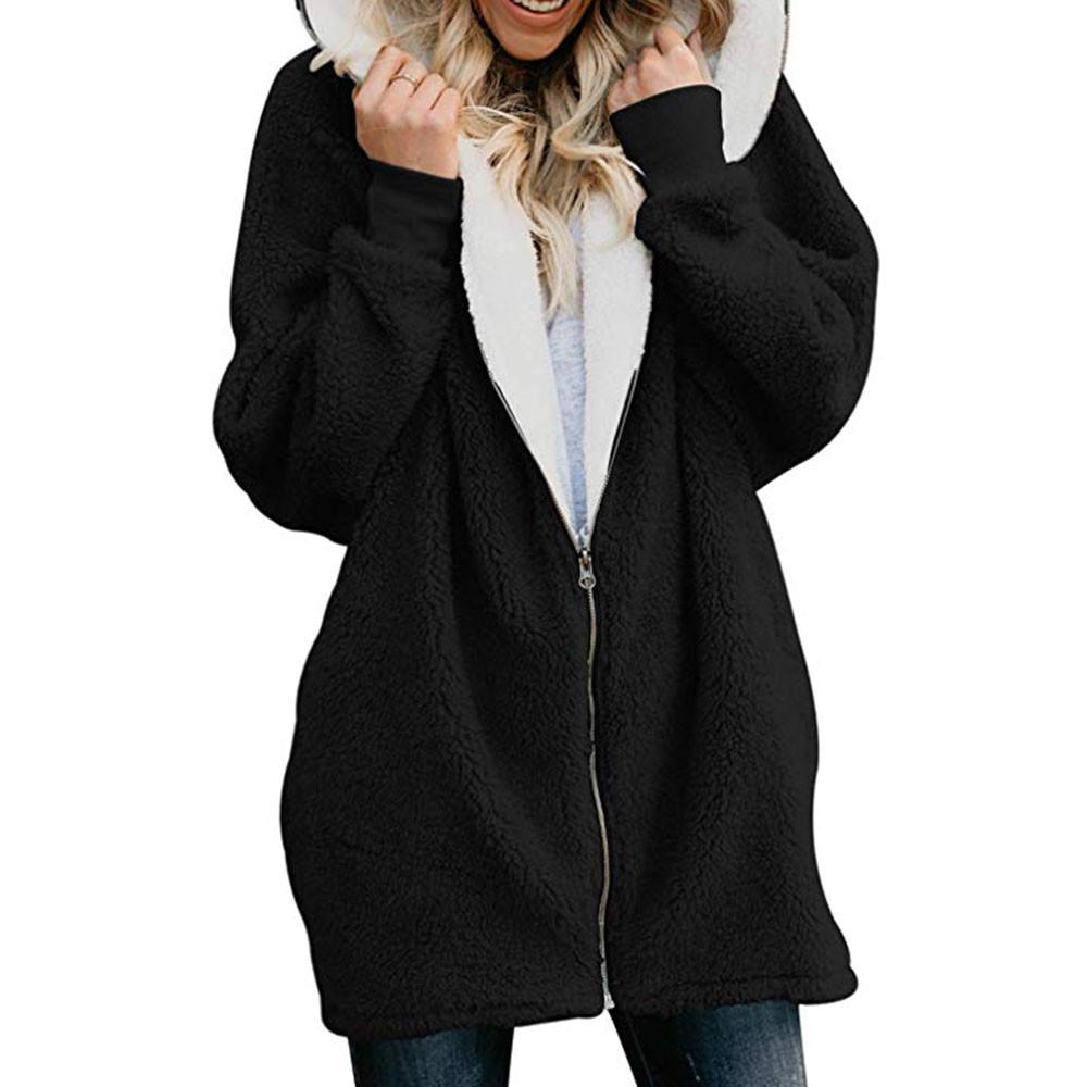 Womens Solid Oversized Zip Down Hooded Coat Cardigans Outwear with Pocket