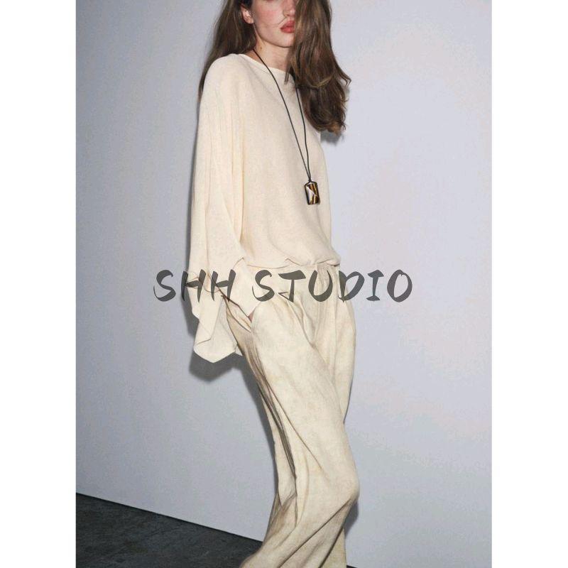 Fall New Women's Clothing French Lazy Style off-Neck Wide Sleeve Design Plain Stitch Knitwear 3920105