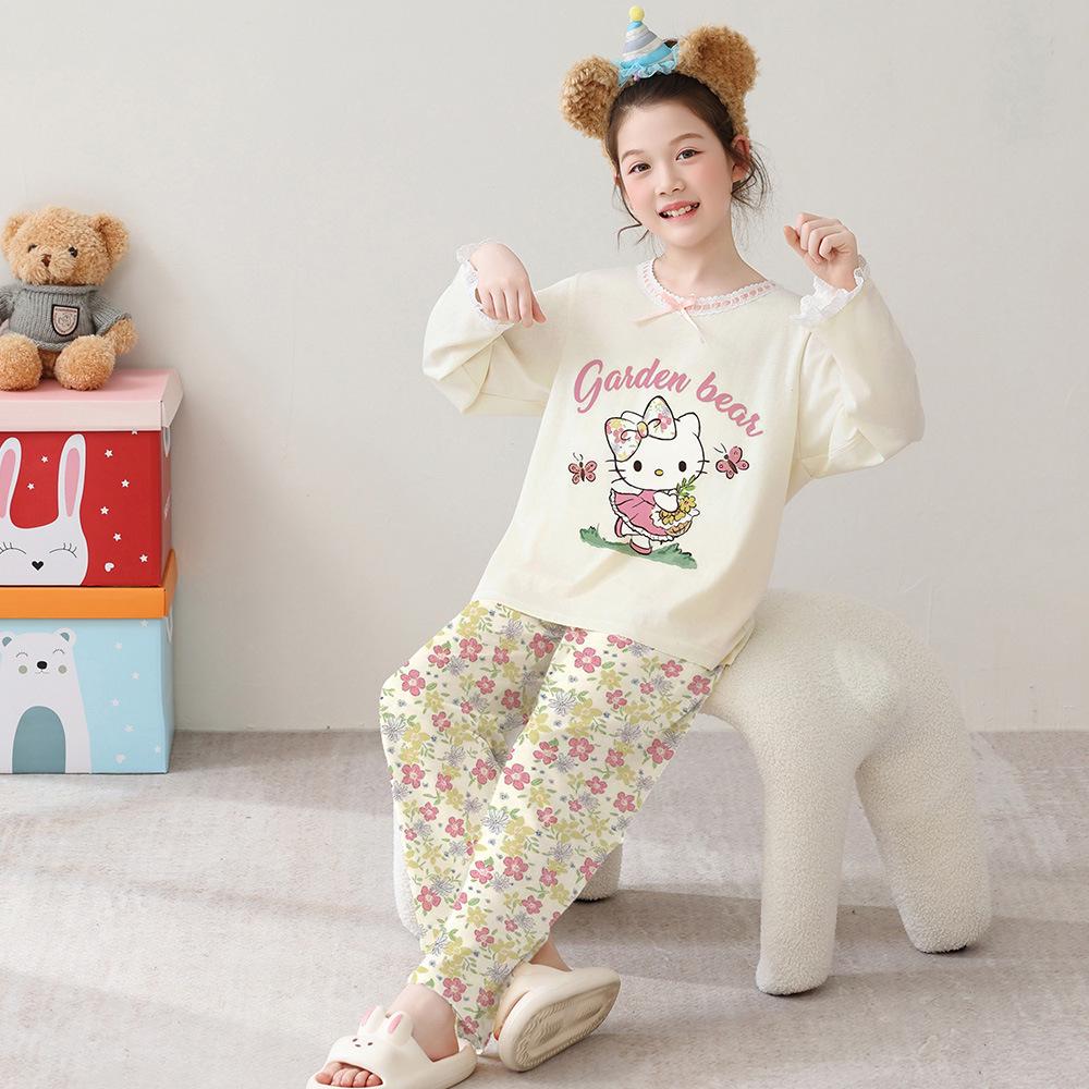 Korean Girls' Lace Long-Sleeve Cotton Pajama Set - Medium & Large Sizes for Spring/Autumn