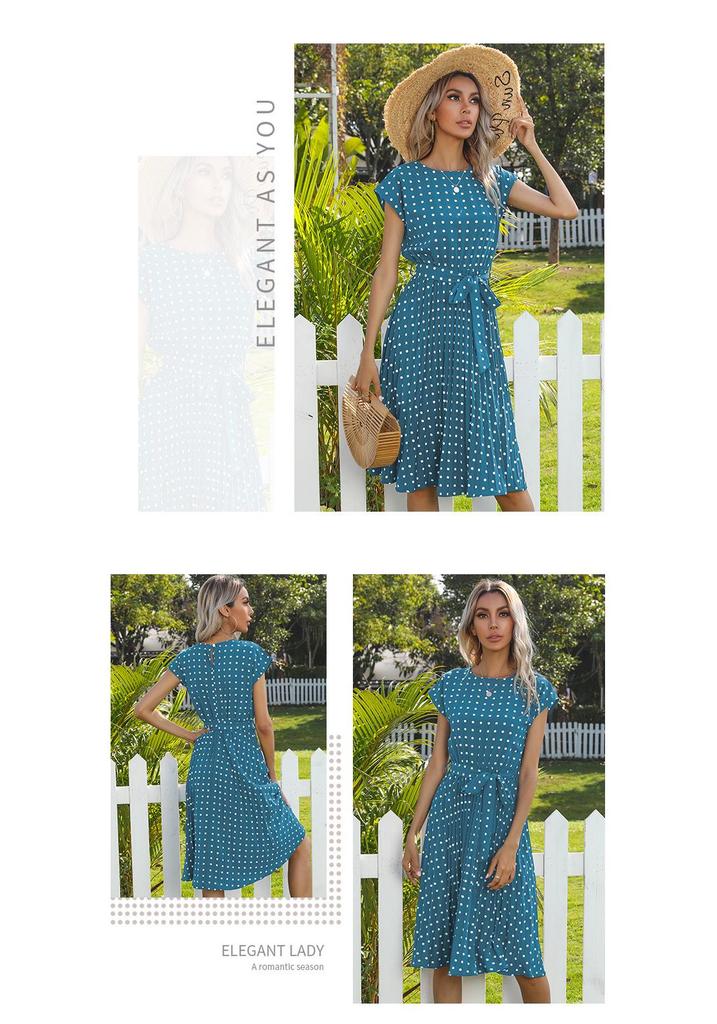 European & American Summer Polka Dot Mid-length Retro Dress with Tie-Up Pleated Short Sleeves